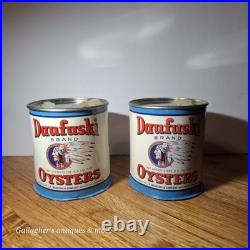 Rare Lot Of 2 Small Pint Size Daufuski Oyster Tin Can Seafood Native American