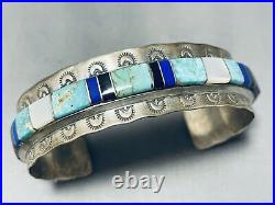 Rare Mine Vintage Navajo Easter Blue Turquoise Inlay Sterling Silver Bracelet