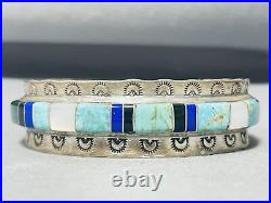 Rare Mine Vintage Navajo Easter Blue Turquoise Inlay Sterling Silver Bracelet