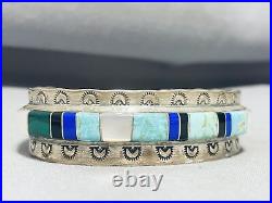 Rare Mine Vintage Navajo Easter Blue Turquoise Inlay Sterling Silver Bracelet