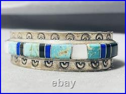 Rare Mine Vintage Navajo Easter Blue Turquoise Inlay Sterling Silver Bracelet