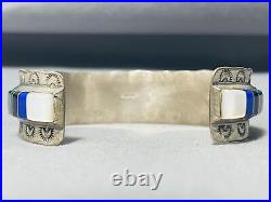 Rare Mine Vintage Navajo Easter Blue Turquoise Inlay Sterling Silver Bracelet