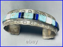 Rare Mine Vintage Navajo Easter Blue Turquoise Inlay Sterling Silver Bracelet