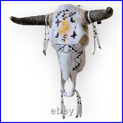 Rare Native American Butterfly Hand Painted Cow Skull By Navajo Artist Cheryl L