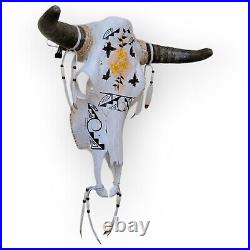 Rare Native American Butterfly Hand Painted Cow Skull By Navajo Artist Cheryl L