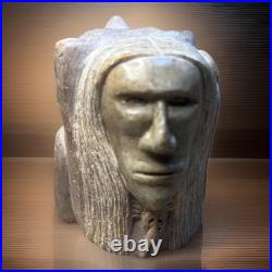 Rare-Native American Chief And Bear As One-Carving Sunny Skye Signed Sculpture