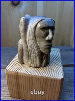 Rare-Native American Chief And Bear As One-Carving Sunny Skye Signed Sculpture