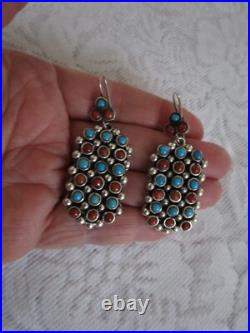 Rare Native American Coral Turquoise Bead Sterling Silver Dangle Earrings VTG