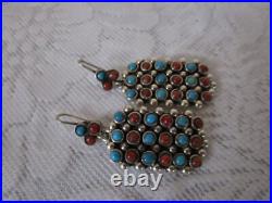 Rare Native American Coral Turquoise Bead Sterling Silver Dangle Earrings VTG