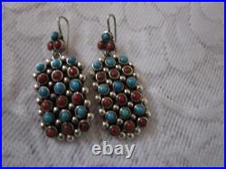 Rare Native American Coral Turquoise Bead Sterling Silver Dangle Earrings VTG