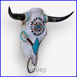 Rare! Native American Hand Painted Cow Skull By Navajo Artist Cheryl Laughing