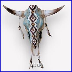 Rare! Native American Hand Painted Cow Skull By Navajo Artist Cheryl Laughing