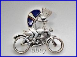 Rare Native American Hopi Turquoise 925 Sterling Silver Kokopelli Motorcycle Pin