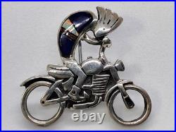Rare Native American Hopi Turquoise 925 Sterling Silver Kokopelli Motorcycle Pin