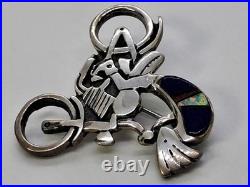 Rare Native American Hopi Turquoise 925 Sterling Silver Kokopelli Motorcycle Pin