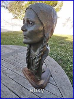 Rare Native American Indian Squaw Bust Large Bronze Sculpture WomanSigned GRESS