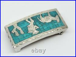 Rare Native American Mexico Guad 925 Fp Sterling Silver Turquoise Belt Buckle