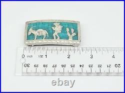 Rare Native American Mexico Guad 925 Fp Sterling Silver Turquoise Belt Buckle