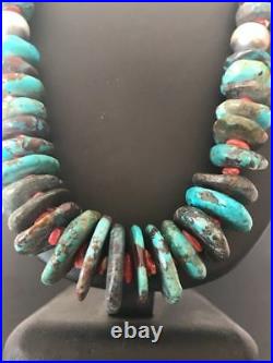 Rare Native American Navajo Blue Turquoise St Silver Spiny 24Necklace A202