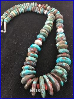 Rare Native American Navajo Blue Turquoise St Silver Spiny 24Necklace A202