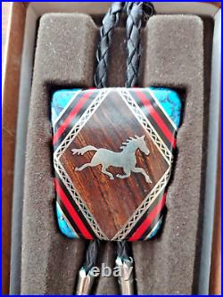 Rare Native American Navajo David Yellowhorse turquoise & Silver HORSE Bolo Tie