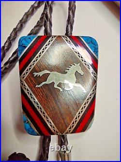 Rare Native American Navajo David Yellowhorse turquoise & Silver HORSE Bolo Tie