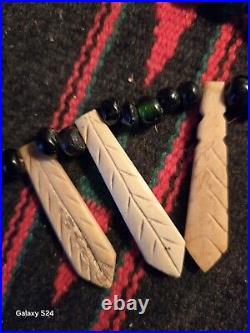 Rare Native American Necklace With Colored Trade Beads + 4 Hand Carved Accents