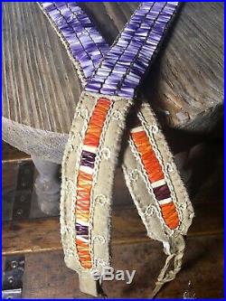 Rare! Native American Purple Quahog Wampum Belt Porcupine Quilled Brain Tanned +