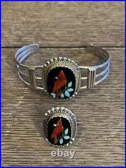 Rare Native American Signed Kenny Calabaza Sterling Silver Cardinal Bracelet Set