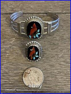 Rare Native American Signed Kenny Calabaza Sterling Silver Cardinal Bracelet Set