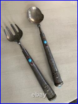 Rare Native American Silver Salad Serving Set Mid Century Turquoise Coral