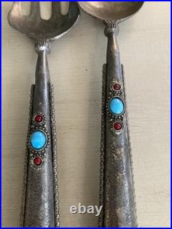 Rare Native American Silver Salad Serving Set Mid Century Turquoise Coral