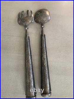 Rare Native American Silver Salad Serving Set Mid Century Turquoise Coral