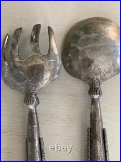 Rare Native American Silver Salad Serving Set Mid Century Turquoise Coral