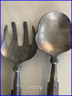 Rare Native American Silver Salad Serving Set Mid Century Turquoise Coral