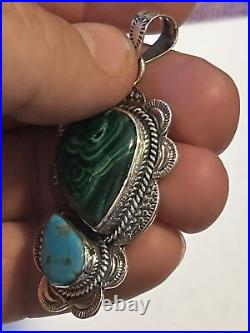 Rare Native American Sleeping Beauty Turquoise & Malachite 2.5 Stamped Pendant