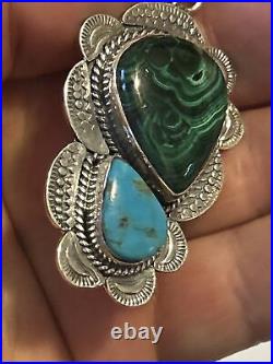 Rare Native American Sleeping Beauty Turquoise & Malachite 2.5 Stamped Pendant