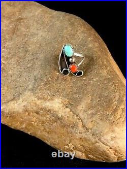 Rare Native American Sterling Silver Blue Turquoise Coral Men Ring Set 6.5 8714