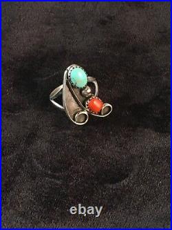 Rare Native American Sterling Silver Blue Turquoise Coral Men Ring Set 6.5 8714