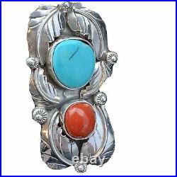 Rare Native American Sterling Silver Royston Turquoise Coral Mens Ring S8 01810