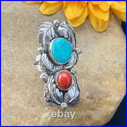Rare Native American Sterling Silver Royston Turquoise Coral Mens Ring S8 01810