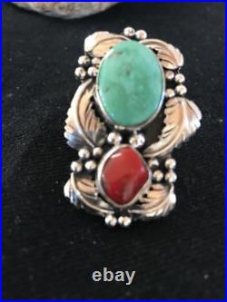 Rare Native American Sterling Silver Royston Turquoise Coral Mens Ring Sz8 S1293