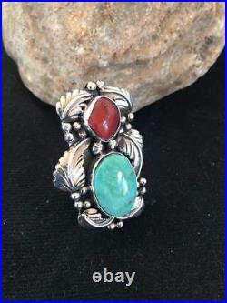 Rare Native American Sterling Silver Royston Turquoise Coral Mens Ring Sz8 S1293