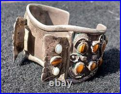 Rare! Native American Tigers Eye Silver Owl Watch Cuff Bracelet Signed Dead Pawn