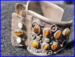 Rare! Native American Tigers Eye Silver Owl Watch Cuff Bracelet Signed Dead Pawn