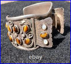 Rare! Native American Tigers Eye Silver Owl Watch Cuff Bracelet Signed Dead Pawn