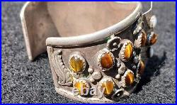 Rare! Native American Tigers Eye Silver Owl Watch Cuff Bracelet Signed Dead Pawn