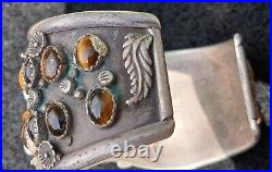 Rare! Native American Tigers Eye Silver Owl Watch Cuff Bracelet Signed Dead Pawn