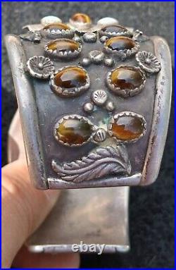 Rare! Native American Tigers Eye Silver Owl Watch Cuff Bracelet Signed Dead Pawn