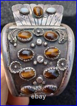 Rare! Native American Tigers Eye Silver Owl Watch Cuff Bracelet Signed Dead Pawn